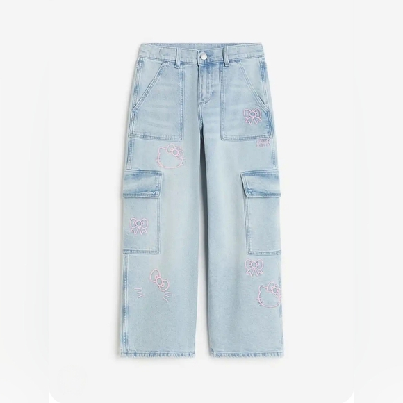 Sanrio Hello Kitty H&M Teen Girl US 12 Loose Fit Wide Leg Cargo Jeans Denim - Picture 12 of 16
